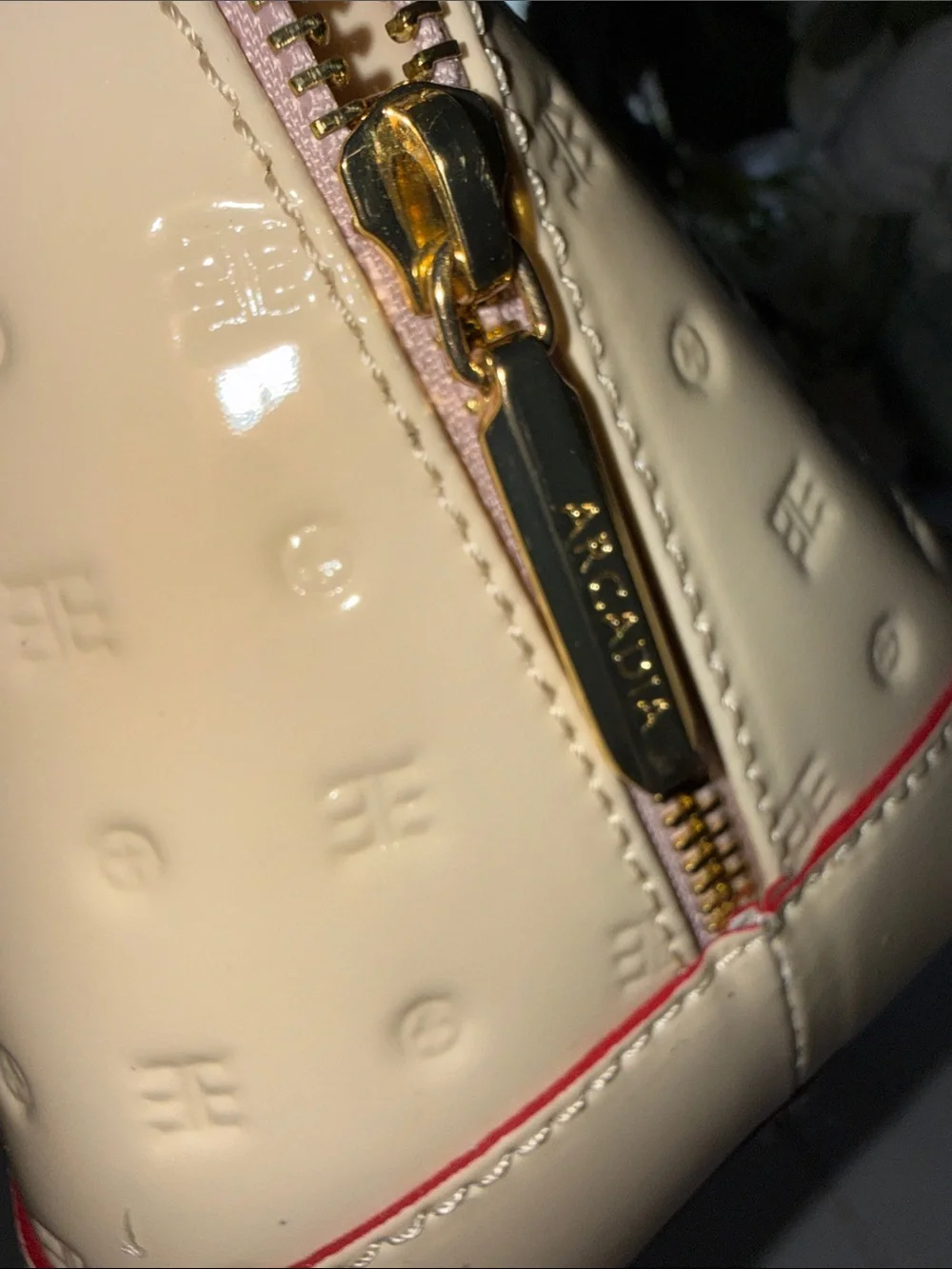 Arcadia Cream Patent Satchel with Red Trim